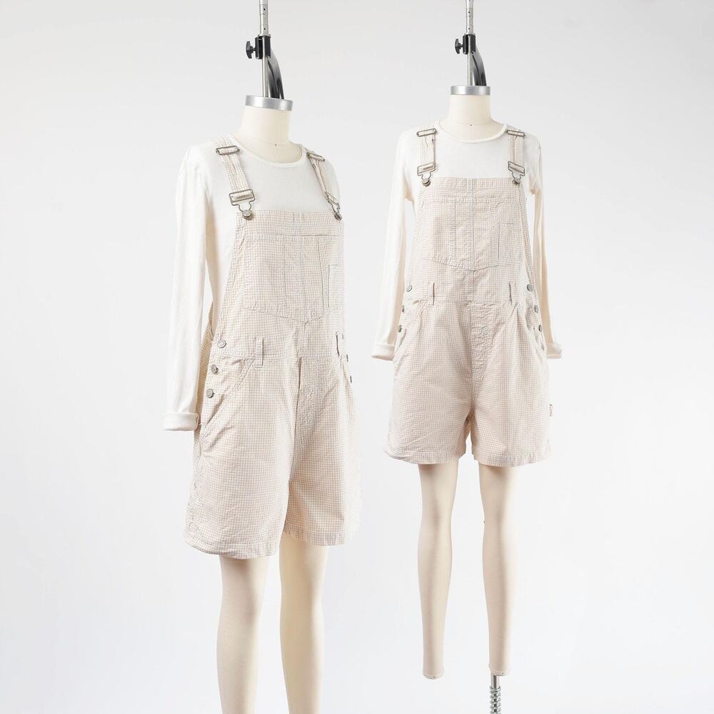 Vintage 90s Gingham Shortalls Beige and White Cotton Relaxed Fit Overalls S M